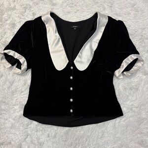 The Bar Alec Puff-Sleeve Velvet Satin Trim Top Black